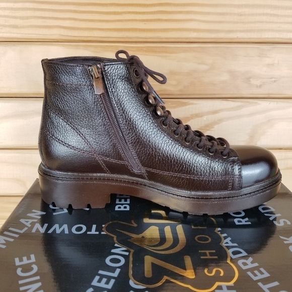 Men's 100% Genuine Leather Brown Ankle Boots 7 US Paul Branco Side Zip Lace-up - Picture 8 of 12